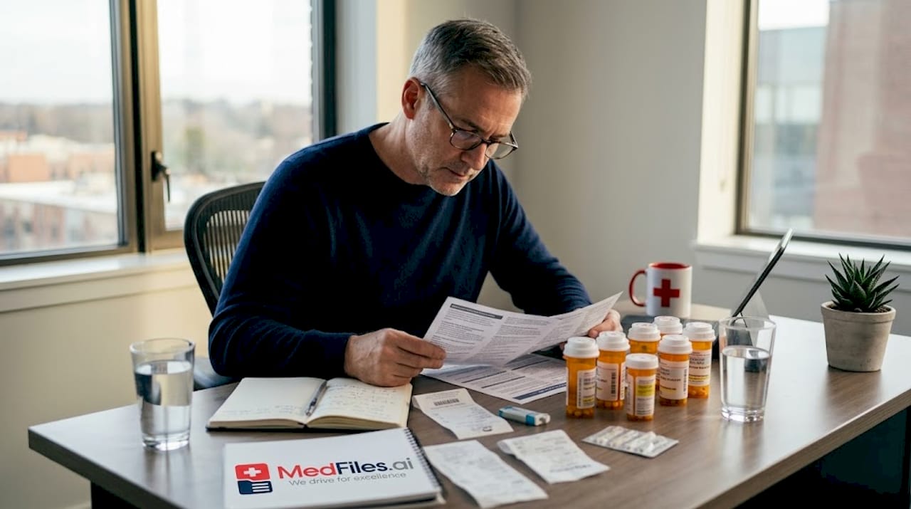 Man reviewing medication bottles at home counter