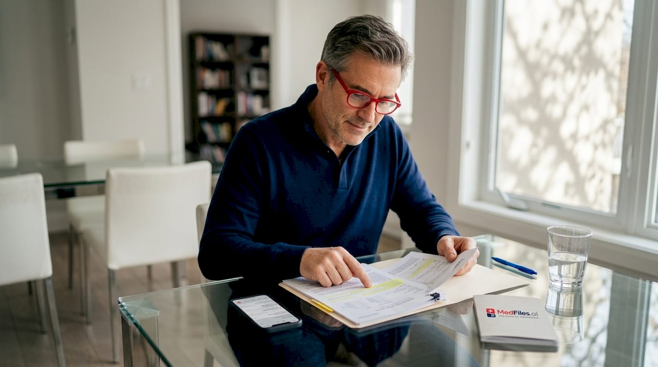 Middle-aged man highlighting errors on medical forms