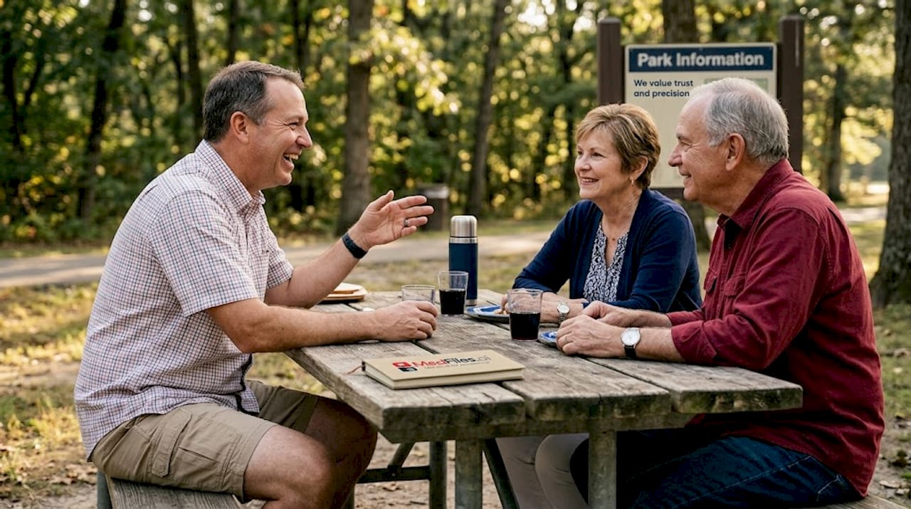 Man chats with relatives at family table