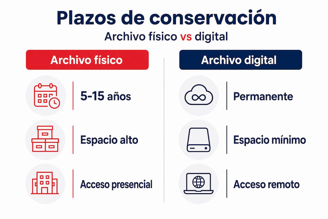 Infografía sobre los tiempos de conservación de historias clínicas en formato físico y digital