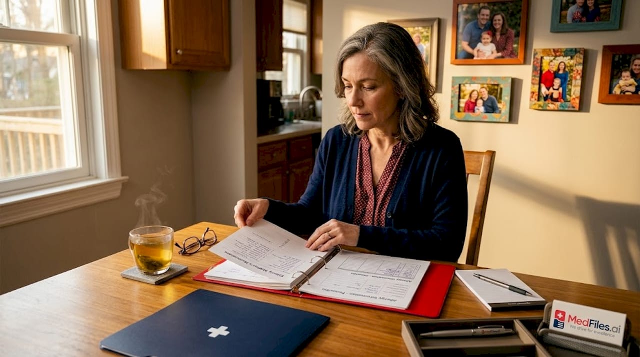 Caregiver organizing medical records at kitchen table