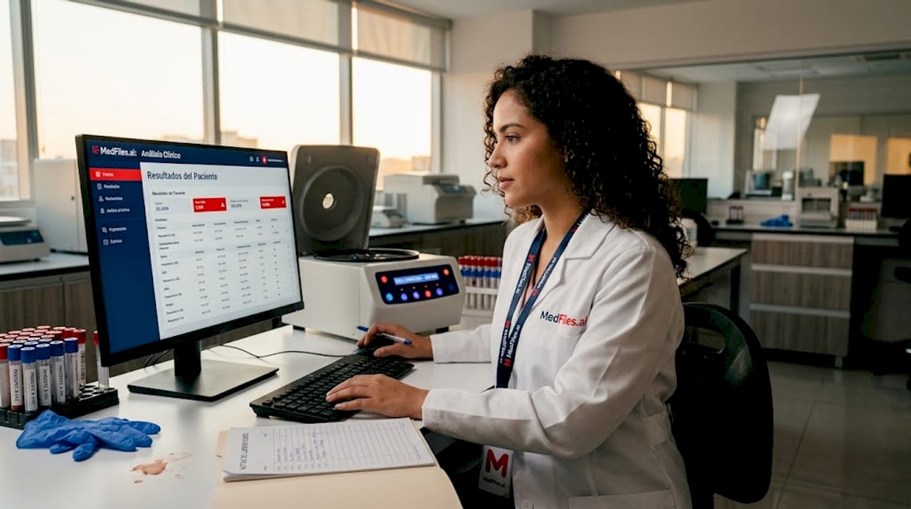 Investigadora analizando los resultados de pruebas en un laboratorio clínico