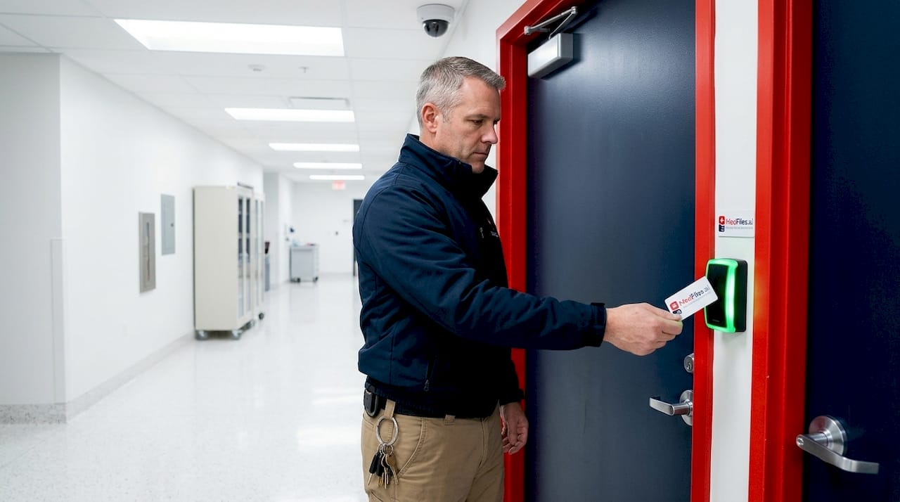 Supervisor verifies secure access to records room