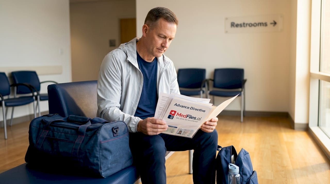 Man prepares hospital admission documents bench