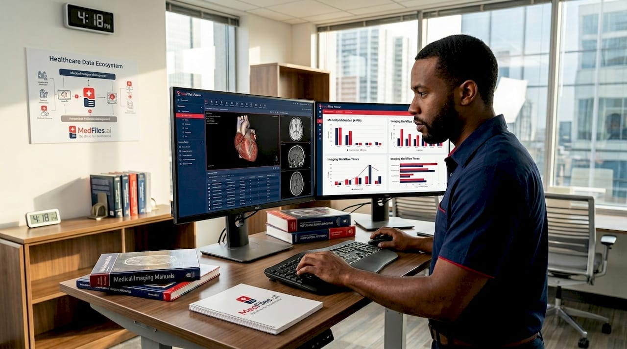 IT specialist managing medical imaging workflow software