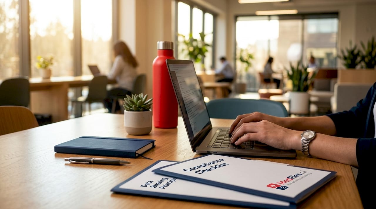 Hands typing authorization for medical record sharing