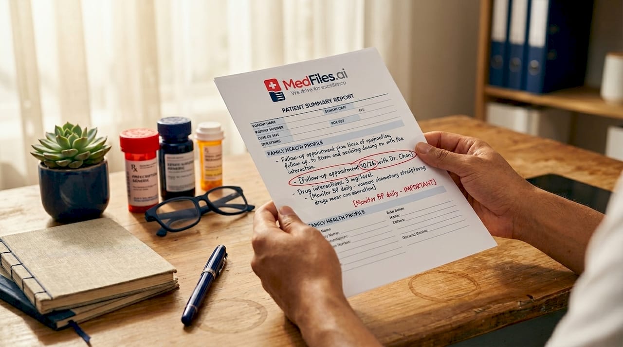 Hands holding medical summary sheet on desk