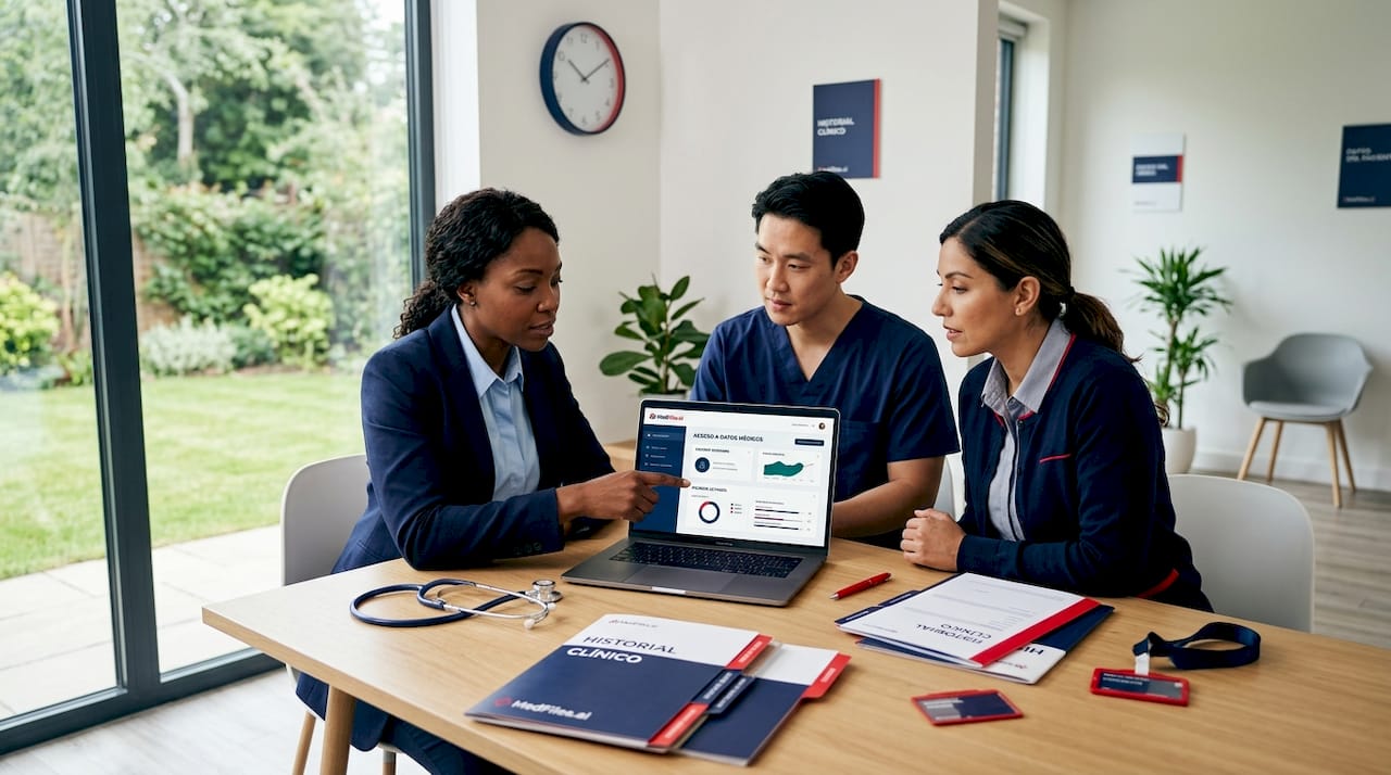 Profesionales de la salud trabajando en equipo para gestionar la información de sus pacientes.