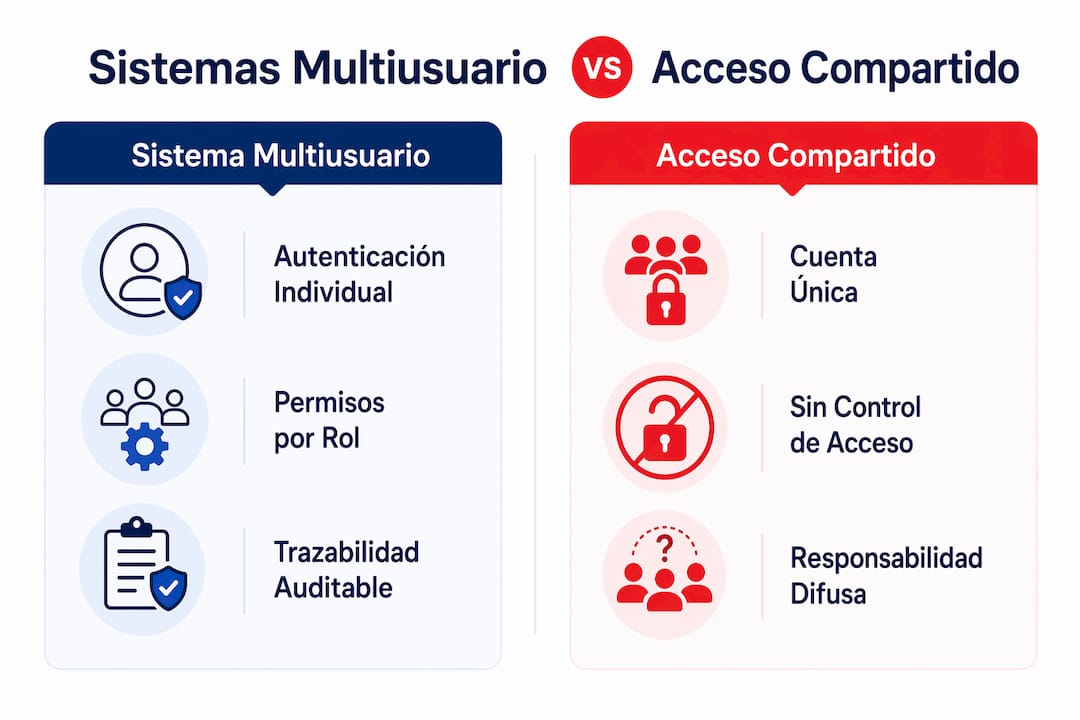 Infografía que muestra las diferencias entre sistemas multiusuario y entornos de acceso compartido