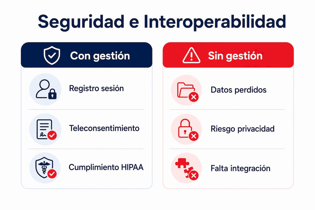 Infografía: diferencias clave entre una gestión segura y una gestión vulnerable de datos en telemedicina