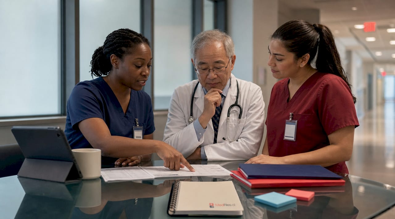 Healthcare team collaborating over patient records