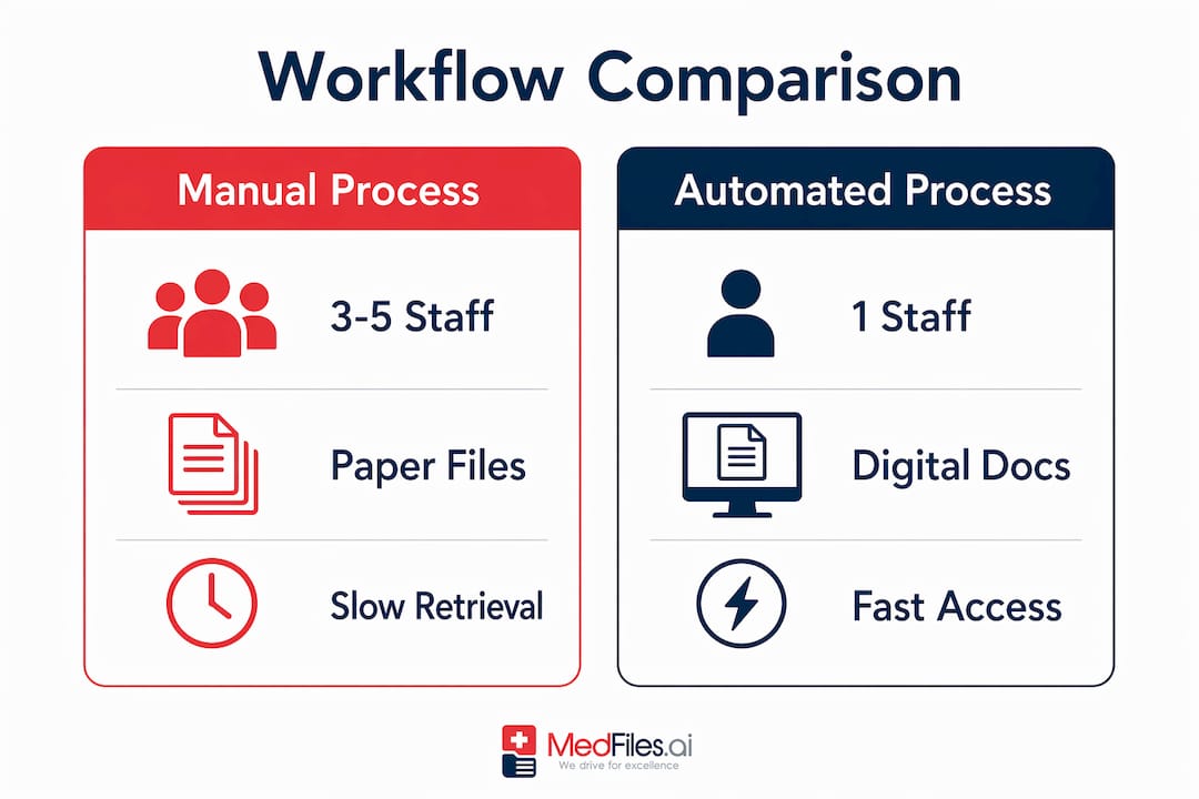 Infographic comparing manual and automated health record workflows