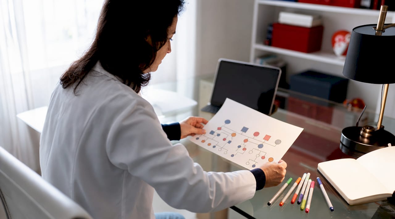 Manos organizando un genograma familiar clínico sobre el escritorio
