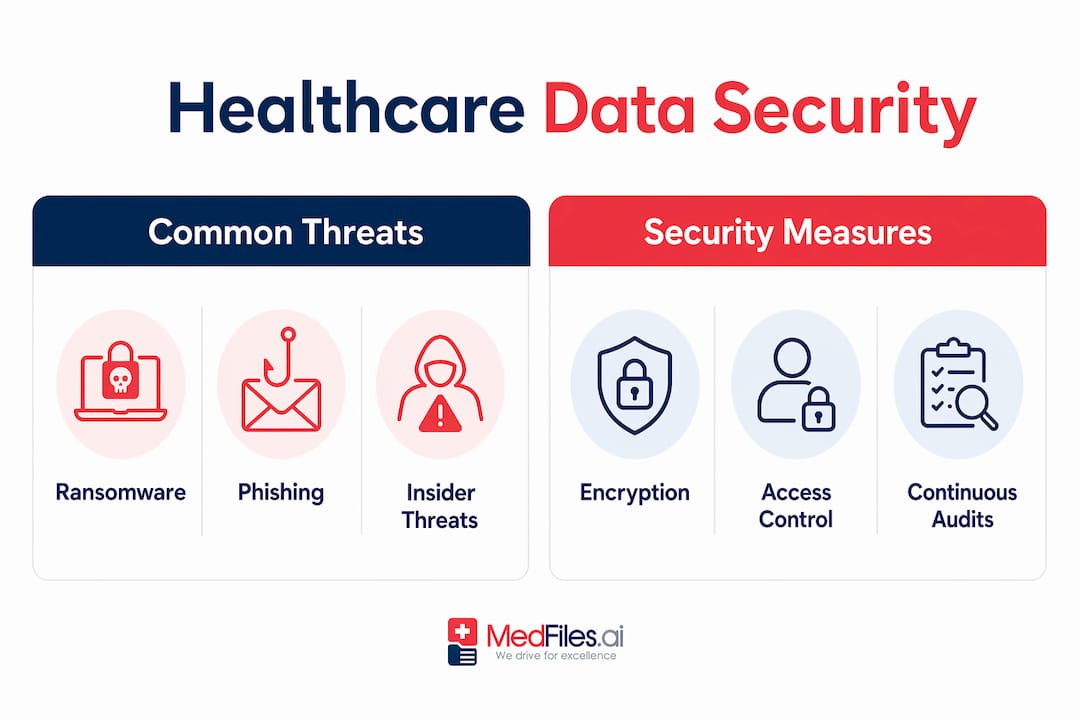 Infographic comparing healthcare data security threats and measures
