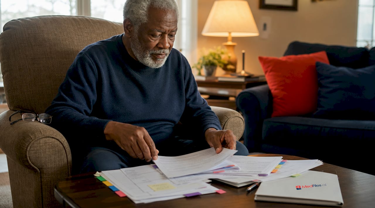 Hands sorting medical records on kitchen table