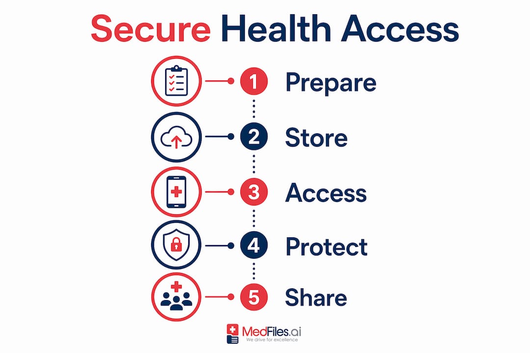 Infographic illustrating 5 steps to secure health record access during travel