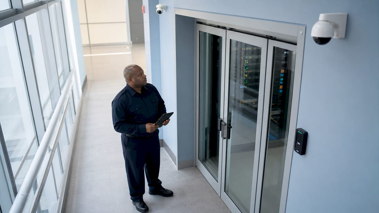 Personal de seguridad supervisando la entrada a la sala de servidores