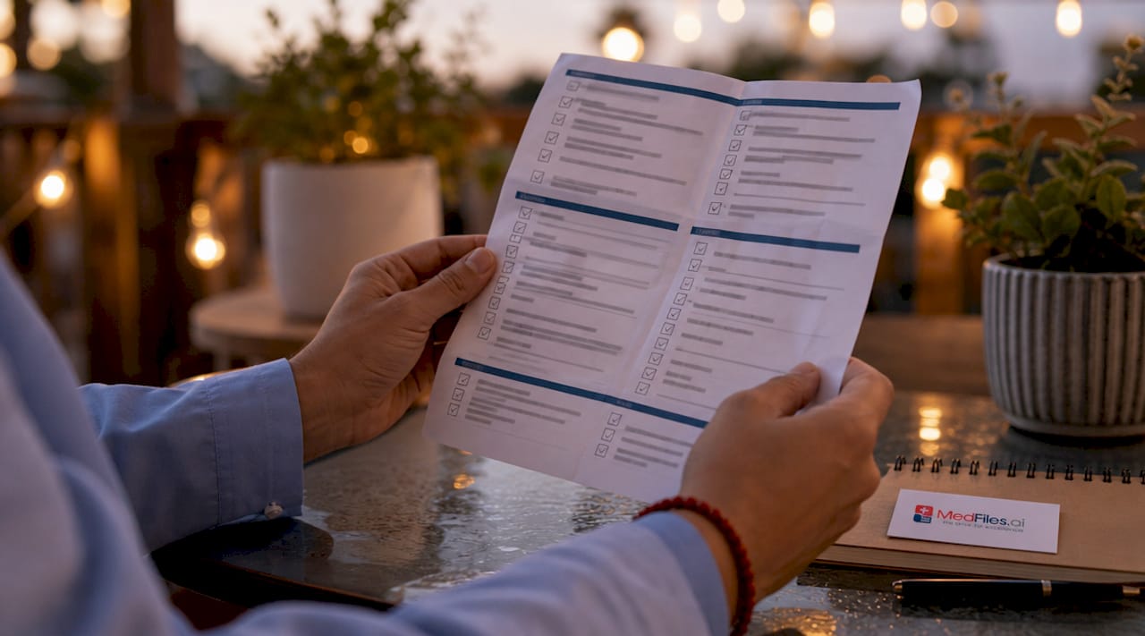 Close-up hands holding medical checklist