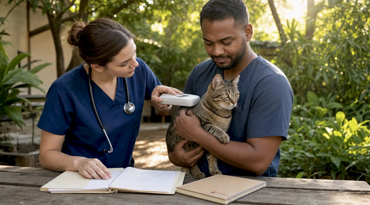 Vet scanning cat microchip in clinic