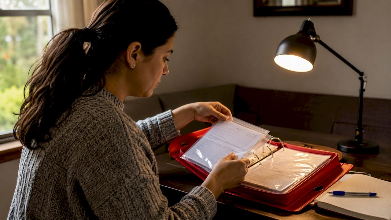 Una persona organizando recetas médicas en una carpeta, colocando cada documento en su lugar para mantener todo bien ordenado.