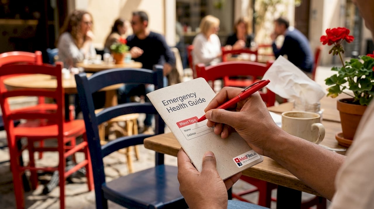 Hands writing blood type on emergency guide