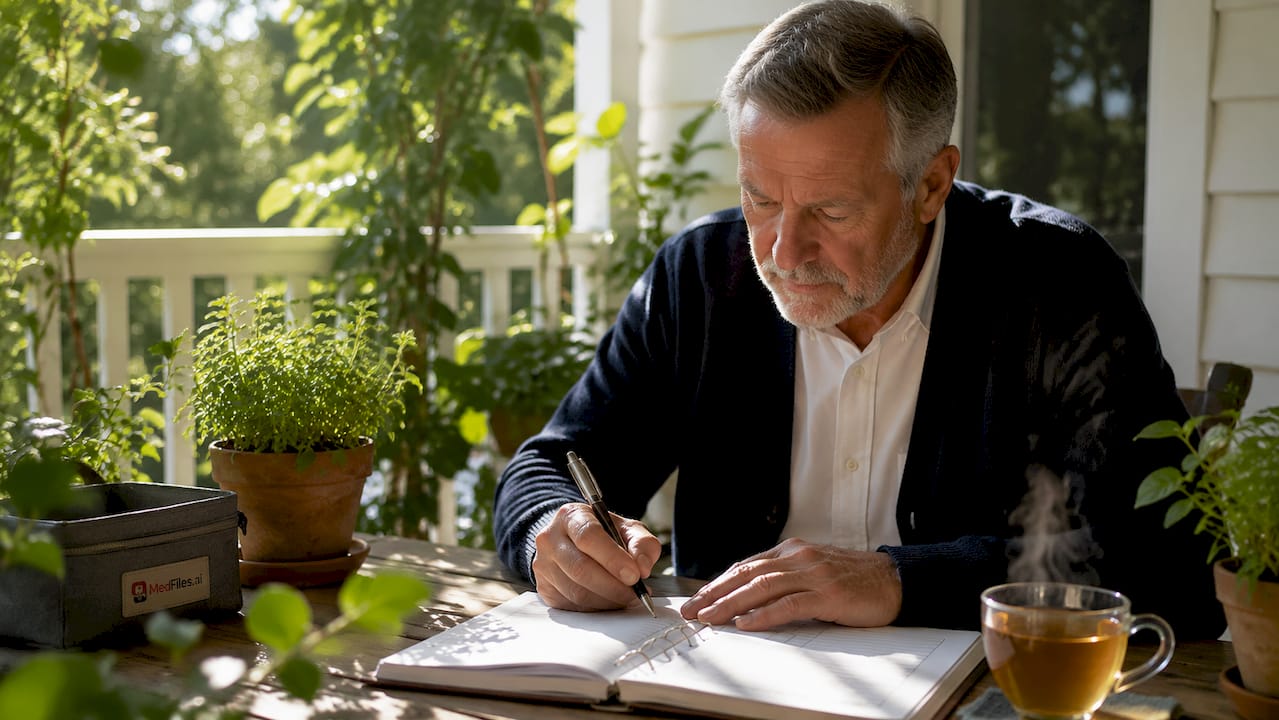 Hands writing medication log on kitchen counter