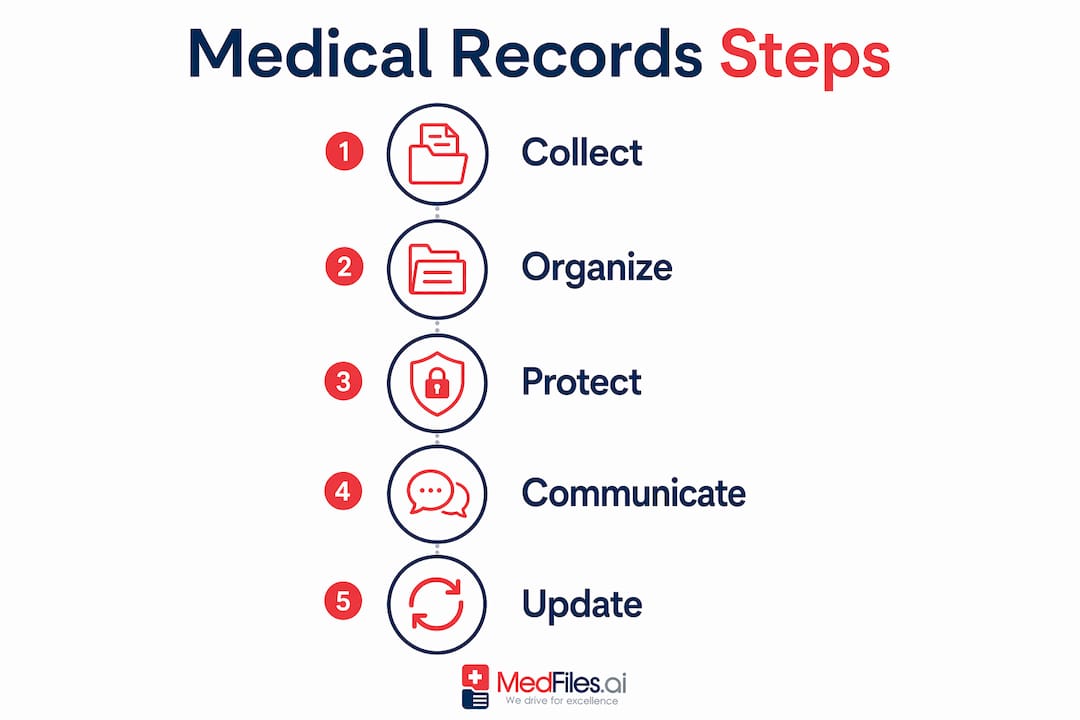 Infographic showing five key steps in medical records management