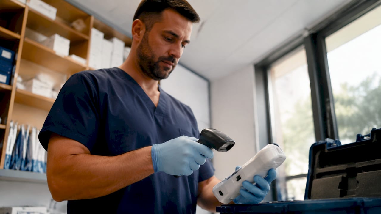 Unas manos manipulan un avanzado aparato médico, explorando sus funciones.