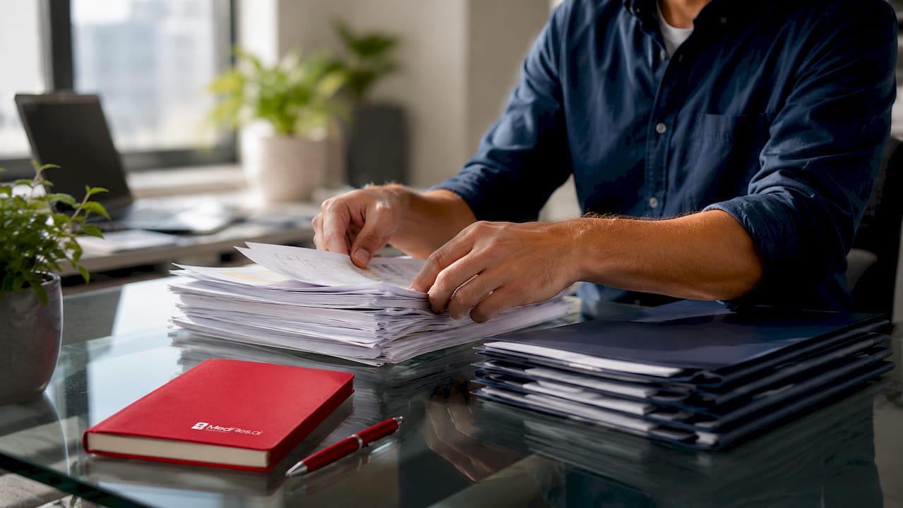Hands organizing physical health records in home office