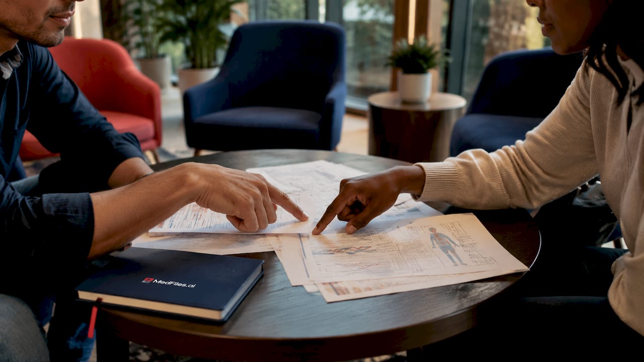 Hands pointing at clinical notes on desk during consultation