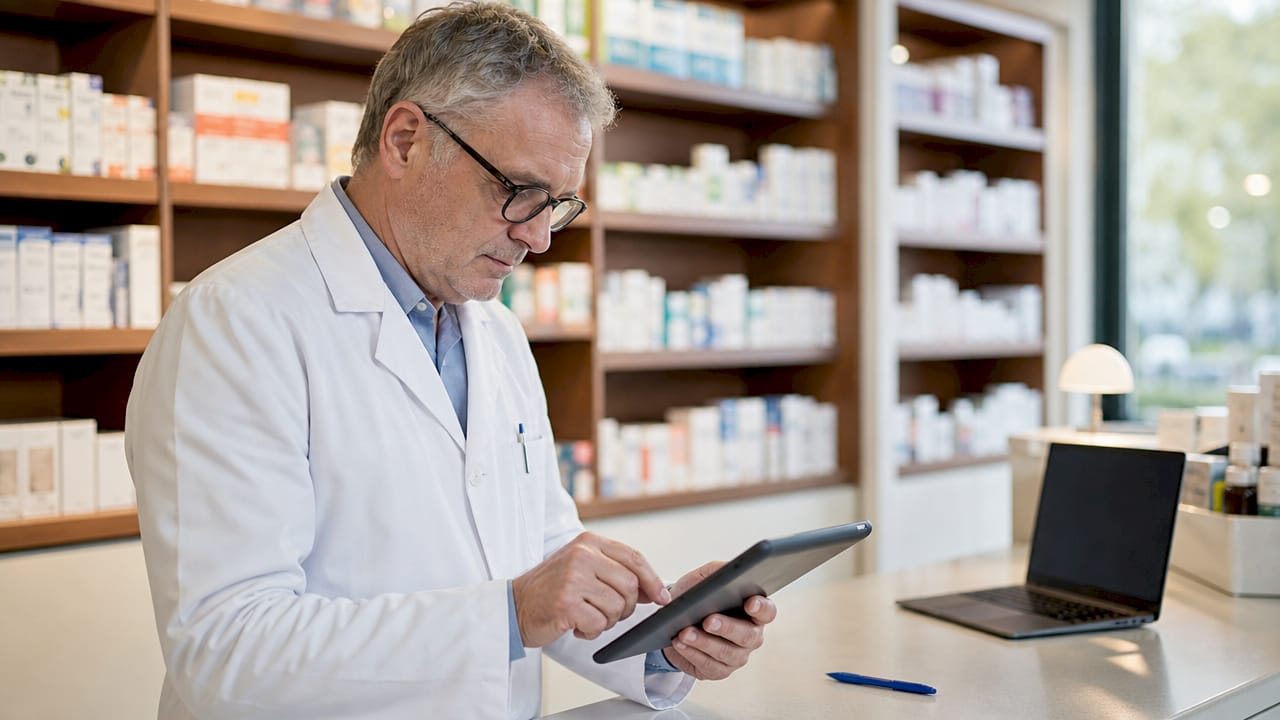 Un farmacéutico revisa una receta digital sobre el mostrador de la farmacia.