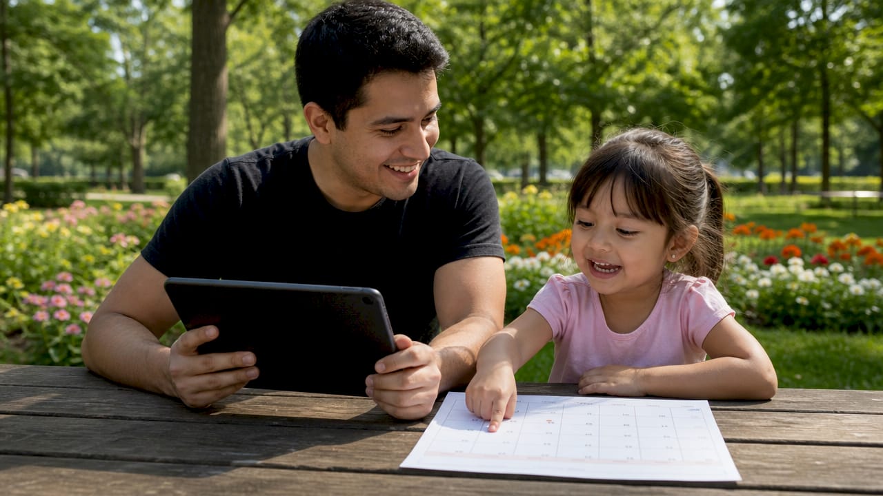Un papá y su hija revisan juntos el calendario de citas médicas de la familia.