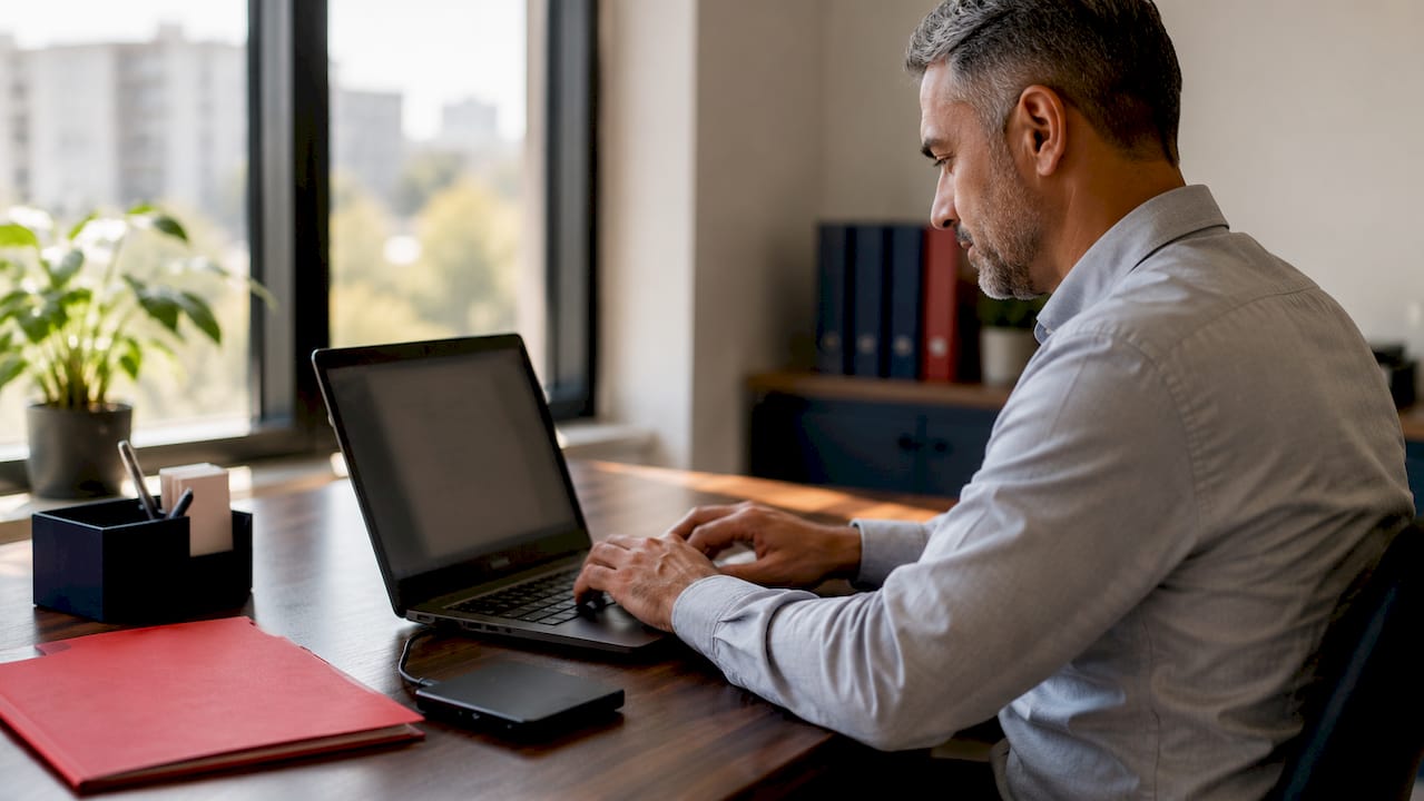 IT professional typing on laptop in server room