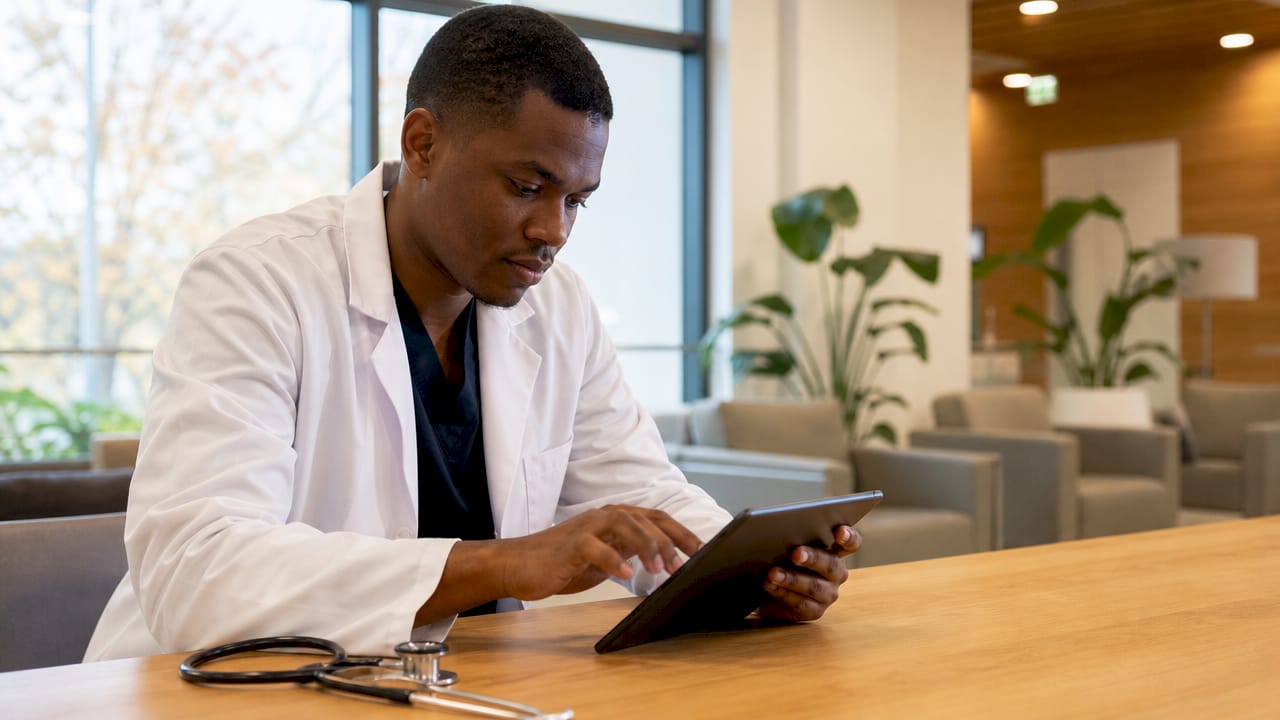 Unas manos consultan información médica en una tablet.