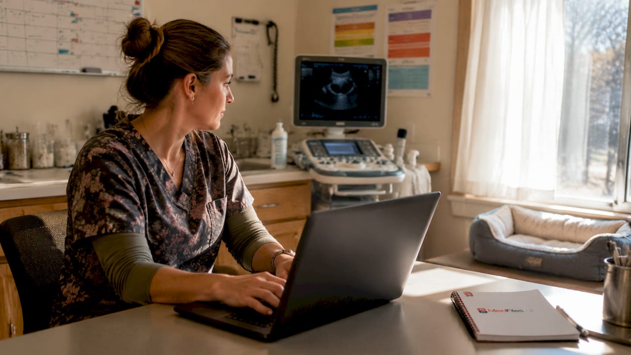 Veterinarian technician working on electronic records in clinic room