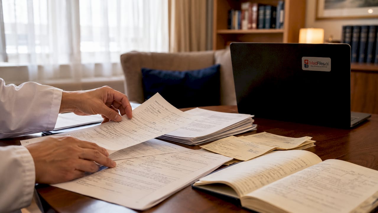 Hands sorting diverse medical document types on table