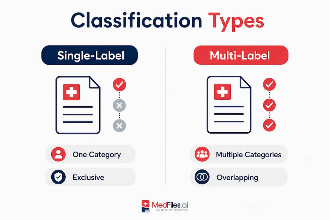 Infographic comparing single-label and multi-label medical document classification