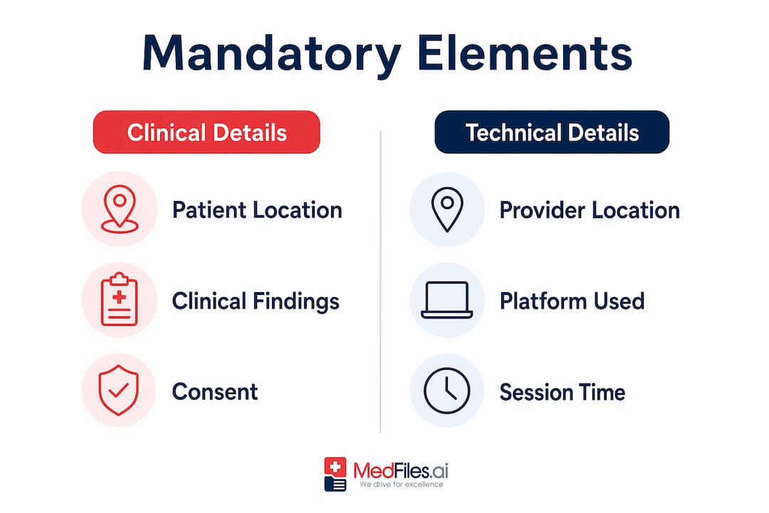 Infographic comparing clinical and technical mandatory telehealth elements