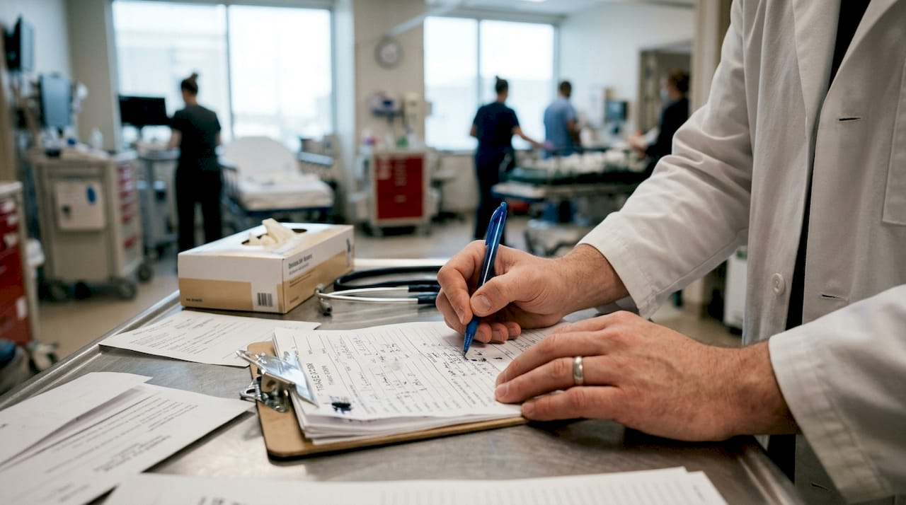 Manos rellenando el formulario de ingreso en la sala de urgencias