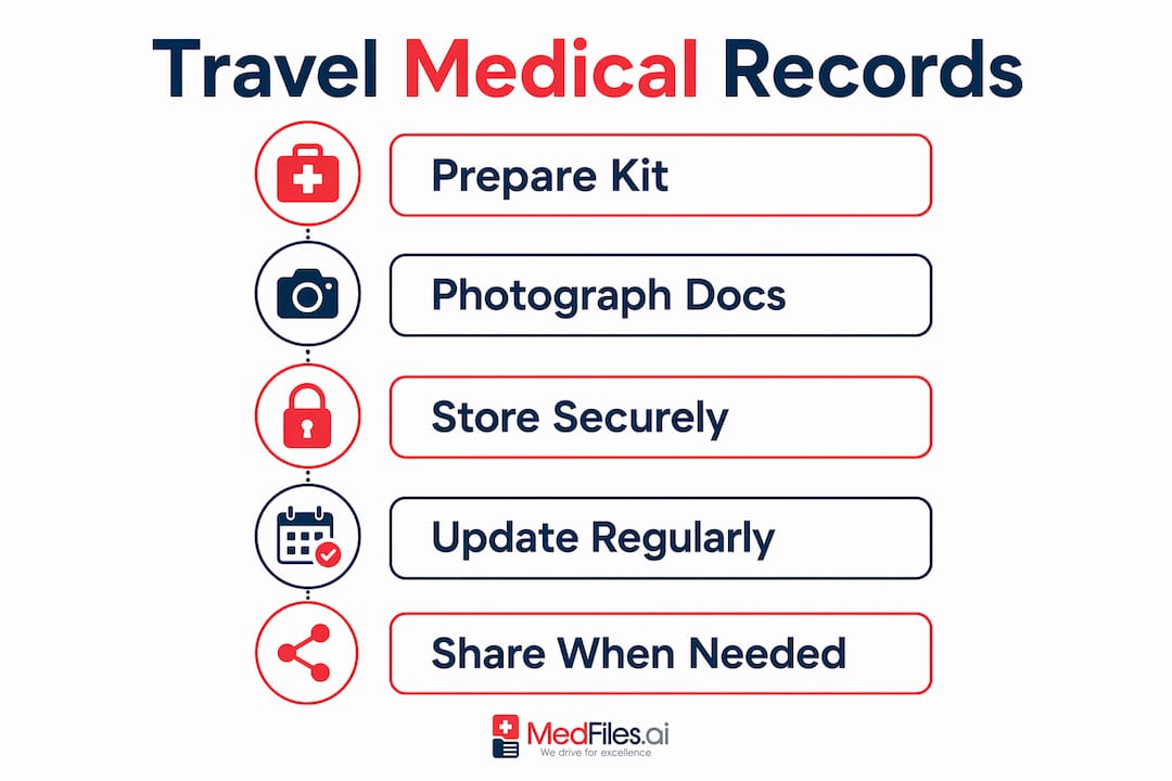 Infographic showing steps for travel medical records