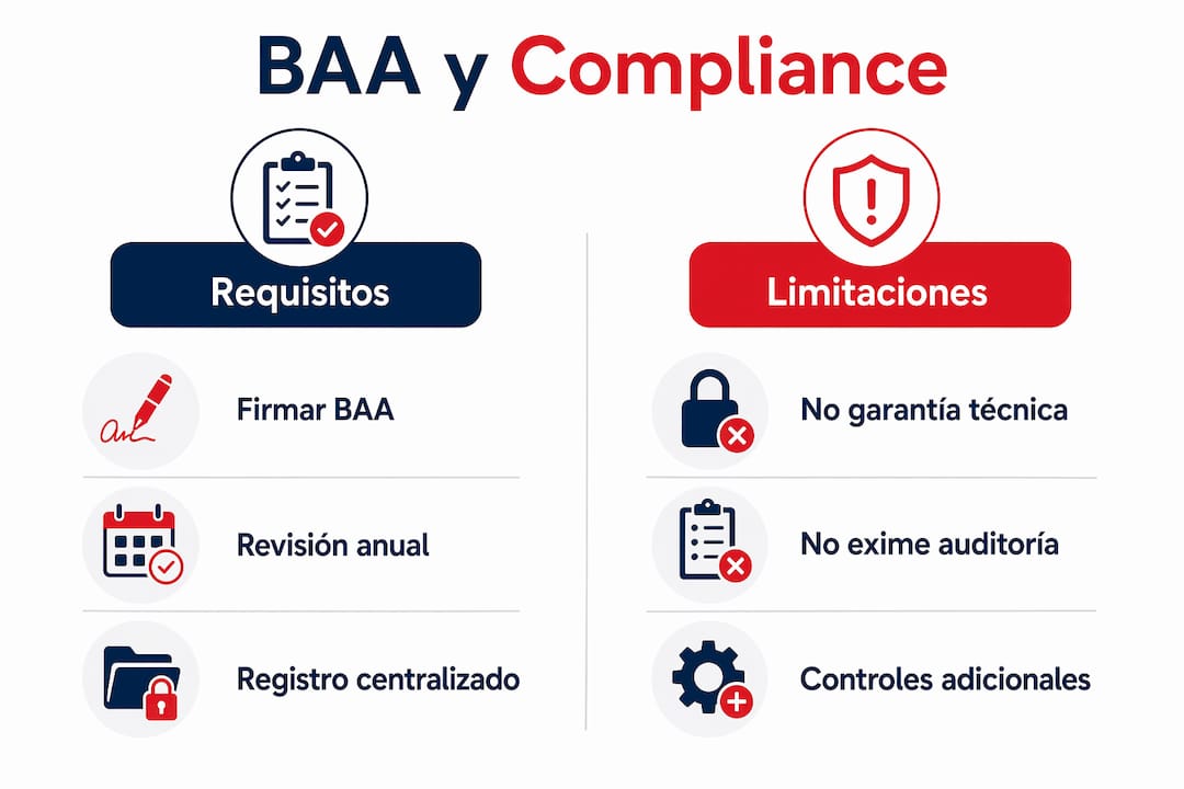 Infografía que muestra las principales diferencias y restricciones del Acuerdo de Asociado Comercial (BAA) según lo establecido por la normativa HIPAA