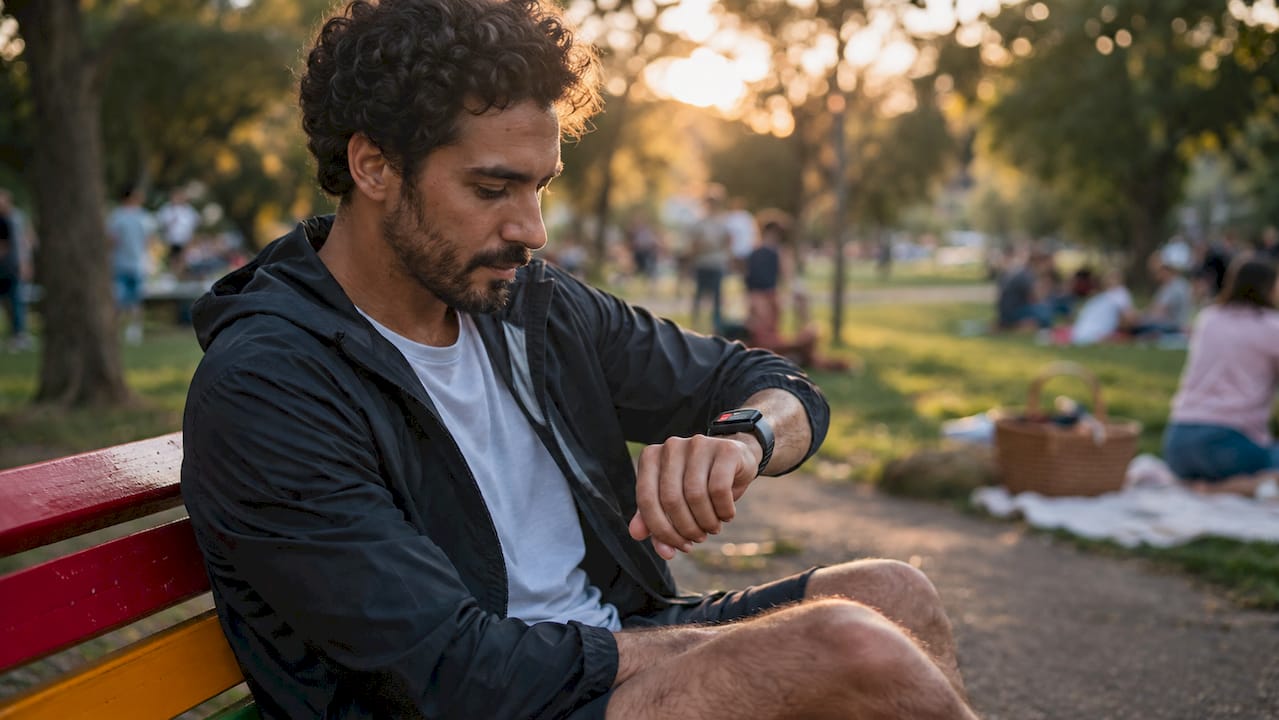Close-up of fitness tracker on wrist outdoors