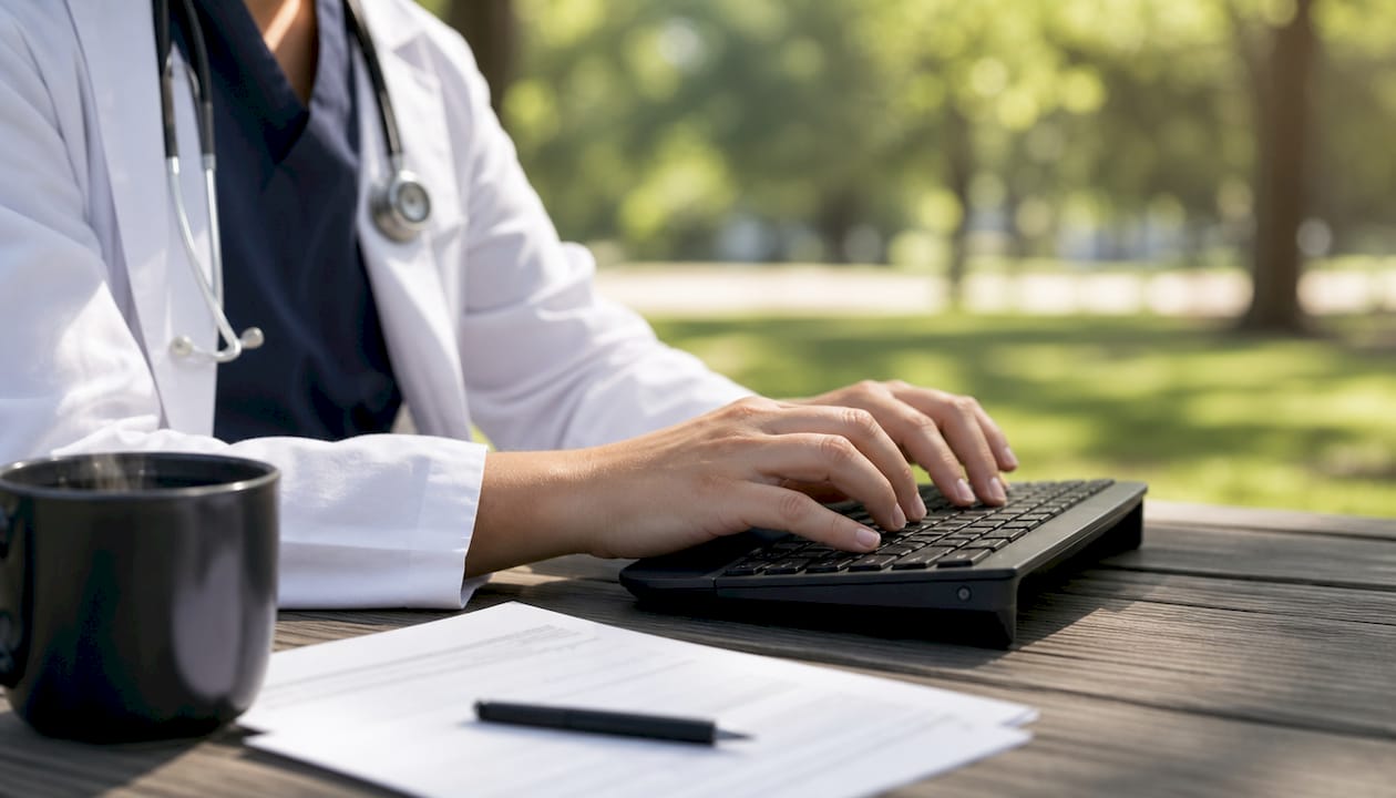 Un profesional de la salud trabajando en su computadora