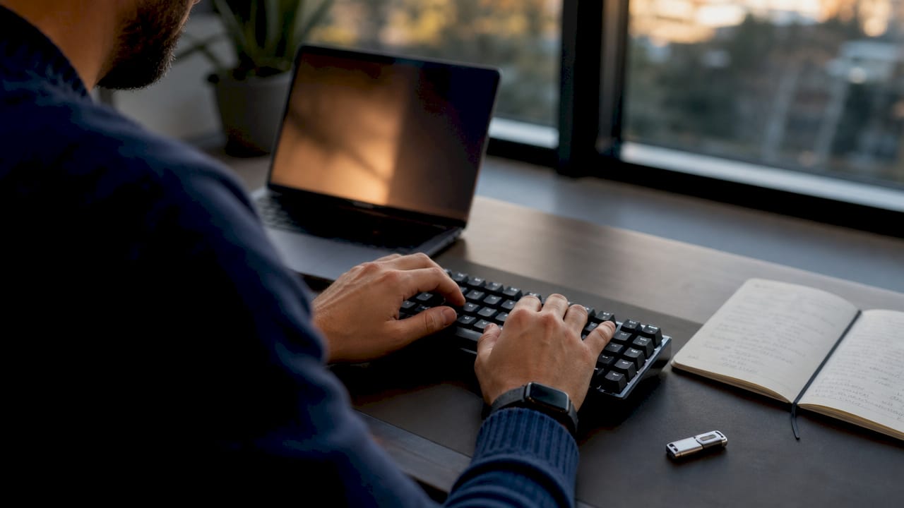 Unas manos tecleando código en un teclado negro