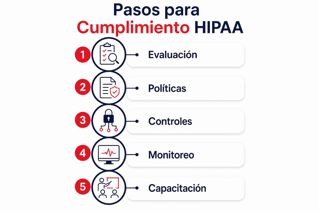 Infografía con los pasos clave para cumplir con la normativa HIPAA