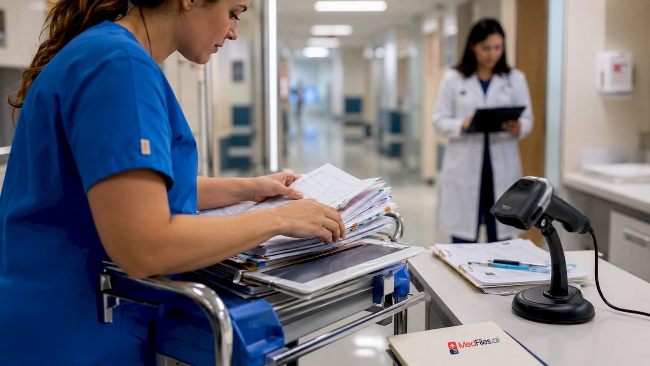 Medical staff managing large volumes of healthcare data