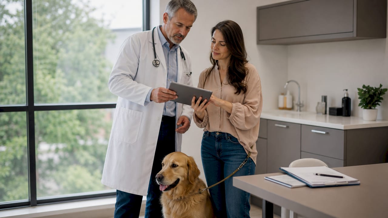 El veterinario y el dueño revisan juntos el historial médico de la mascota.