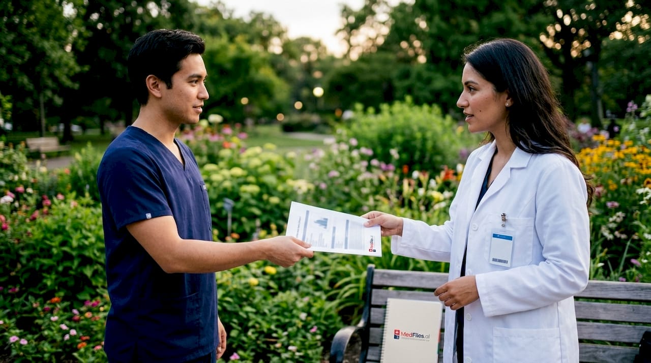 Hands exchanging patient medical record documents