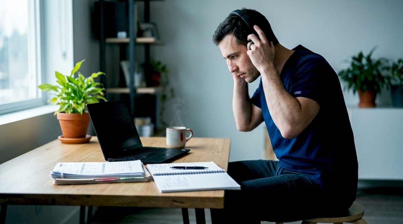 Unas manos sostienen unos auriculares junto a varios informes médicos sobre la mesa.
