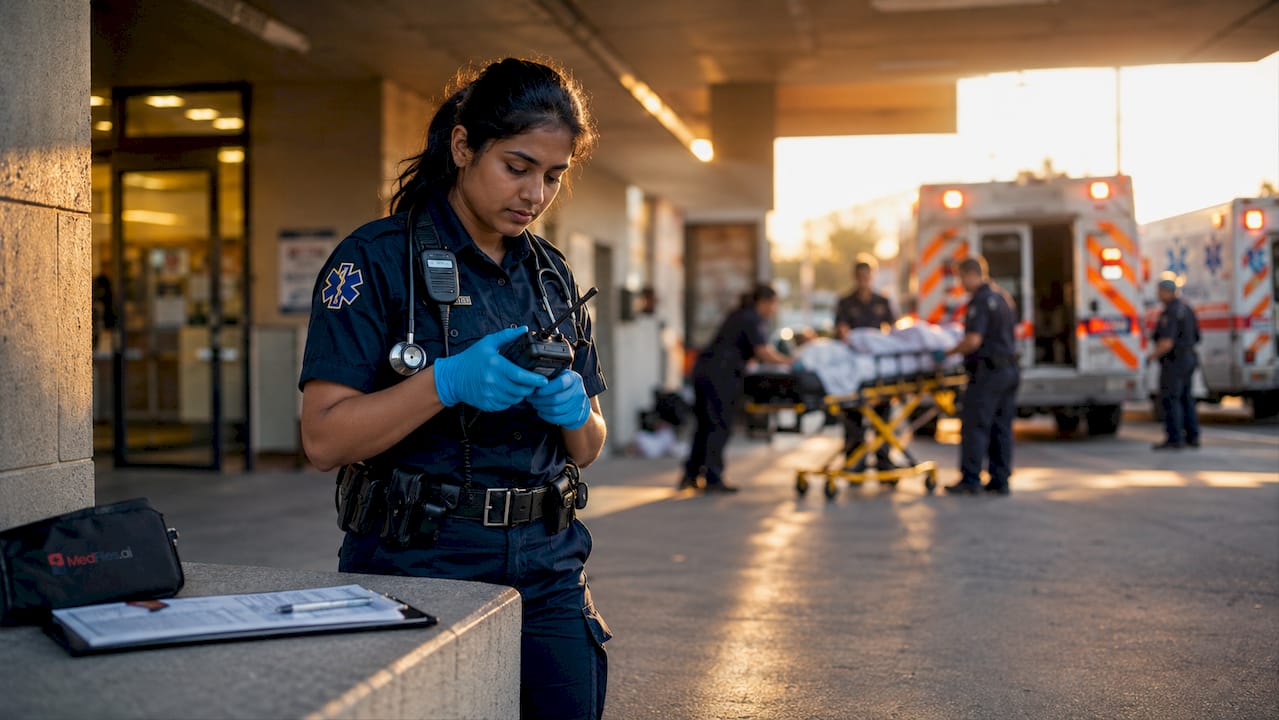 Paramedic operating emergency radio outdoors